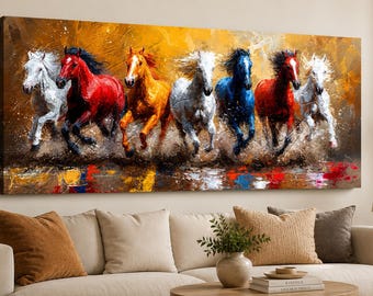 Seven Running Horses Canvas Art, Vastu Wall Decor, Framed Living Room Print