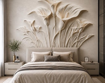 3D Calla Lily Wall Mural | Neutral Beige Floral Peel and Stick Wallpaper