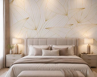 Gold Leaf Botanical Wallpaper | Modern White & Gold Wall Mural (Peel and Stick)