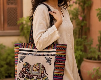 18x18 Inch Elephant Tote Bag, Large Boho Embroidered Shoulder Bag, Ethnic Cotton Shopping Tote, Travel Bag, Gift for Women