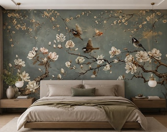 Magnolia Bird Wallpaper Mural | Vintage Floral Chinoiserie Wall Decor (Peel and Stick)