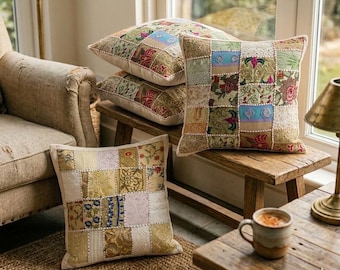 Handmade Indian Patchwork Cushion Cover – Boho Zardosi Embroidered Pillow (16x16)