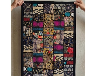 Large Vintage Indian Sari Patchwork Wall Hanging | Embroidered Recycled Fabric Tapestry (60x40 inches)