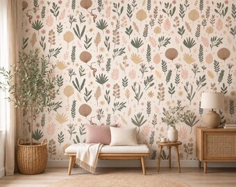 Boho Botanical Wallpaper | Neutral Floral Wall Mural, Scandinavian Nature (Peel and Stick)