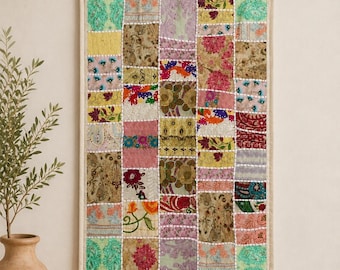 Handmade Patchwork Wall Hanging | Boho Textile Wall Art | Vintage Fabric Tapestry | Embroidered Wall Decor | Bohemian Home Accent 60x90 cm