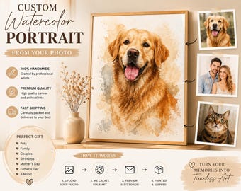 Custom Watercolor Pet Portrait, Family Couple Art From Photo (Framed Print/Canvas)