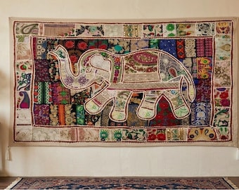 Handmade Patchwork Elephant Wall Hanging, Boho Ethnic Tapestry, Embroidered Bohemian Art (100x150 cm)