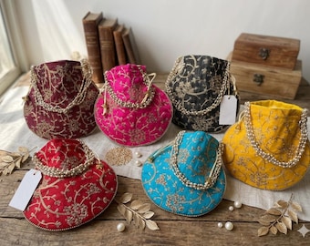 Embroidered Silk Potli Bag with Pearl Handle – Indian Wedding Favor, Bridal Clutch