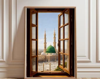 Madinah Masjid An Nabawi Green Dome Canvas Print, Islamic Window View Artwork