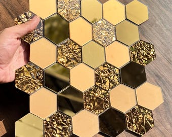 Gold Hexagon Mirror Wall Tiles | 3D Acrylic Peel and Stick Decor (12x12 Inch)