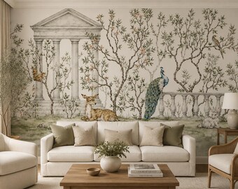 Chinoiserie Garden Mural | Botanical Peacock, Deer, Trees Wallpaper (Custom Wall Decor)