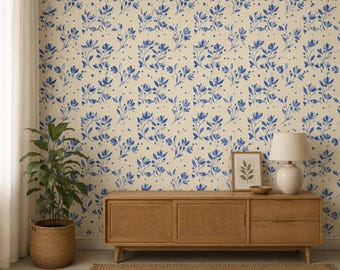 Blue Floral Peel and Stick Wallpaper, Botanical Cottagecore Removable Wall Mural