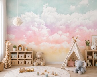 Pastel Cloud Nursery Wallpaper, Watercolor Sky Wall Mural