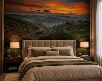 Sunset Mountain Landscape Mural | Green Hills Scenic Wallpaper (Peel and Stick)