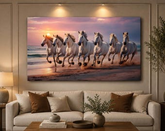 White Horses Running on Beach Canvas Print, Sunset Horse Wall Art, Large Framed Canvas, Coastal Home Decor, Horse Lover Gift