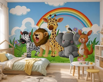 Safari Animal Mural, Rainbow Jungle Kids Wallpaper, Nursery Wall Decor