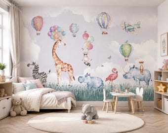 Safari Animals Watercolor Jungle Wallpaper | Hot Air Balloon Kids Wall Mural (Peel and Stick)