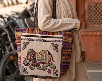 Tote Bag, Vintage Indian Embroidery Cotton Hobo Purse (18x18)