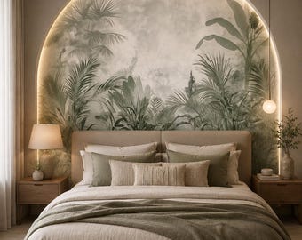 Green Tropical Botanical Wallpaper, Misty Jungle Wall Mural for Bedroom