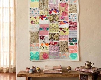 Recycled Sari Patchwork Tapestry, Embroidered Tapestry, (90x60 cm)