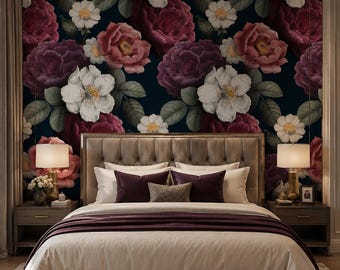 Dark Floral Wallpaper | Vintage Roses, Peonies, Botanical Mural (Peel and Stick)