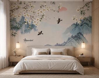 Japanese Cherry Blossom Mountain Mural | Serene Asian Landscape Wallpaper (Peel and Stick)