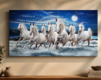 Seven White Horses Running Ocean Canvas Art, Moonlight Horse Painting, Wall Decor