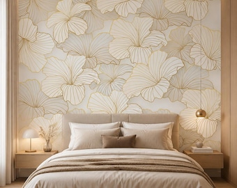 Neutral Gold Floral Wallpaper | Botanical Line Art Wall Mural (Peel and Stick)