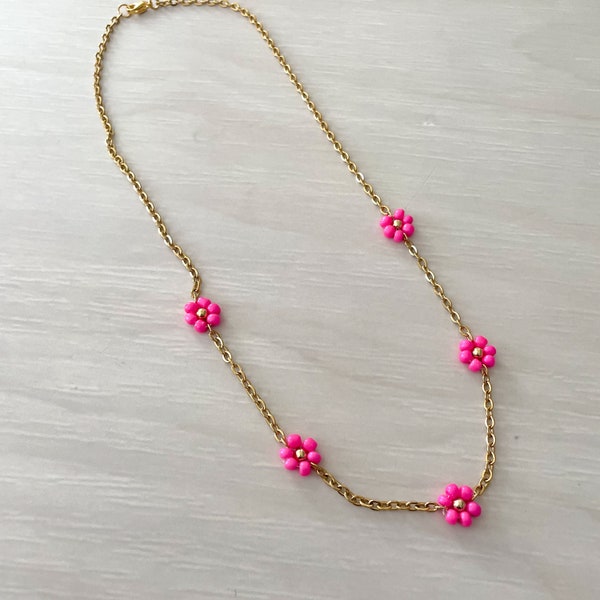 Hot Pink Daisy Necklace, Flower Necklace, Dainty Necklace, Pink Necklace