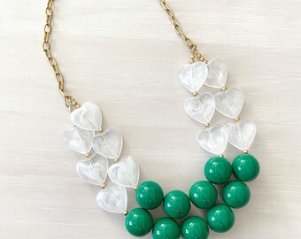 Green and White Heart Chunky Statement Necklace, Green Necklace, Heart Necklace, St. Patrick’s Day Necklace