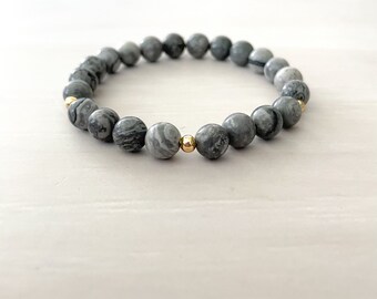 Gray Jasper Stretch Bracelet, Gray Bracelet, Gray Jasper Bead Bracelet