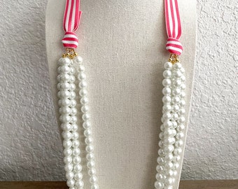 White Pearl and Striped Pink Ribbon Necklace, Statement Necklace, Pearl Necklace