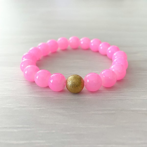 Neon Pink Jade Stretch Bracelet, Stardust Bracelet, Neon Pink Bracelet