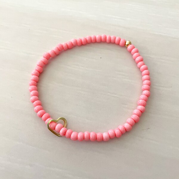 Pink Coral Seed Bead Stretch Bracelet, Pink Bracelet, Flamingo Pink, Heart Bracelet, Valentine’s Day