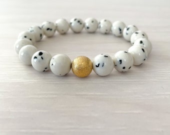 Speckled White and Black Jade Beaded Stretch Bracelet, Stardust Bracelet