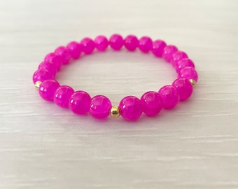 Fuchsia Jade Stretch Bracelet, Pink Bracelet, Fuchsia Pink Jade Bead Bracelet