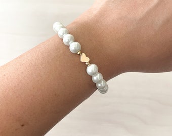 White Pearl Bracelet, Pearl Bracelet, Heart Bracelet