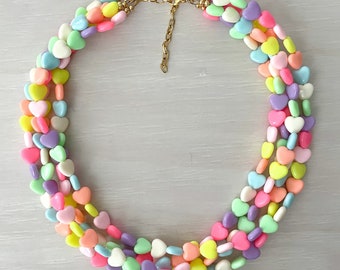 Heart Chunky Statement Necklace, Valentines Day, Heart Statement Necklace, Conversation Heart Necklace