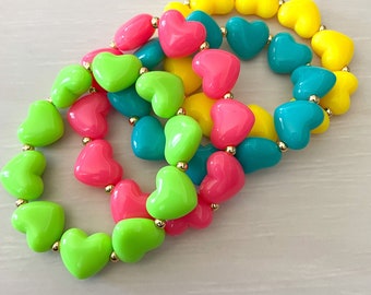 Neon Heart Beaded Stretch Bracelet, Neon Bracelet, Heart Bracelet, Beaded Bracelet