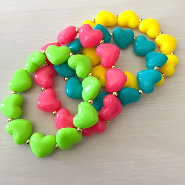 Neon Heart Beaded Stretch Bracelet, Neon Bracelet, Heart Bracelet, Beaded Bracelet