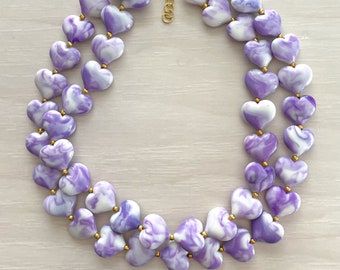 Purple Heart Chunky Statement Necklace, Valentines Necklace, Valentines Day