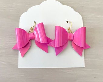 Pink Bow Earrings, Statement Earrings, Bow Earrings, Faux Leather Earrings