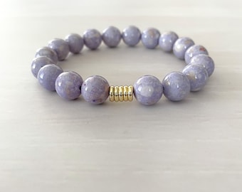 Purple Stretch Bracelet, Chunky Bracelet, Fossil Bead Bracelet, Lavender Bracelet