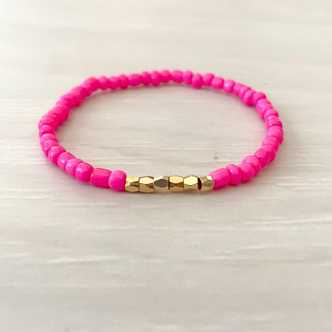 Hot Pink Seed Bead Stretch Bracelet Pink Bracelet Etsy