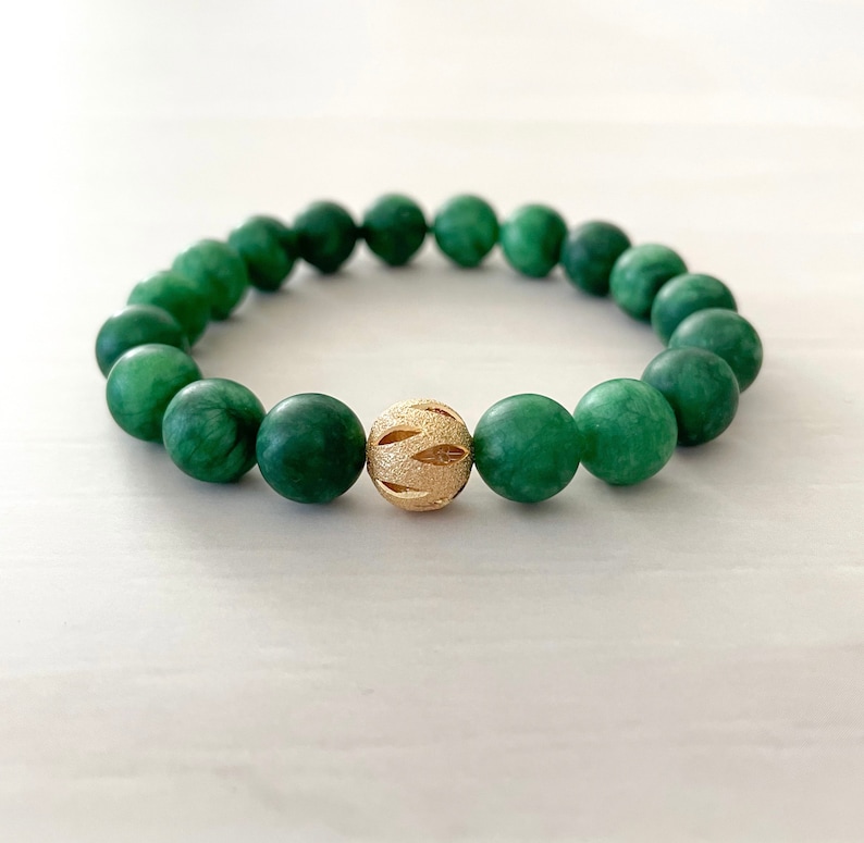 Matte Green Stretch Bracelet, Gold Stardust Bracelet, Green Bead Bracelet, Holiday Bracelet, St Patricks Day image 1