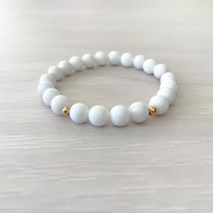 White Jade Stretch Bracelet, White Bead Bracelet