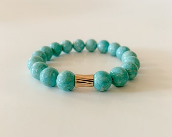 Turquoise Stretch Bracelet, Chunky Bracelet, Fossil Bead Bracelet