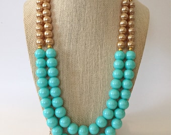 Turquoise and Gold Chunky Statement Necklace