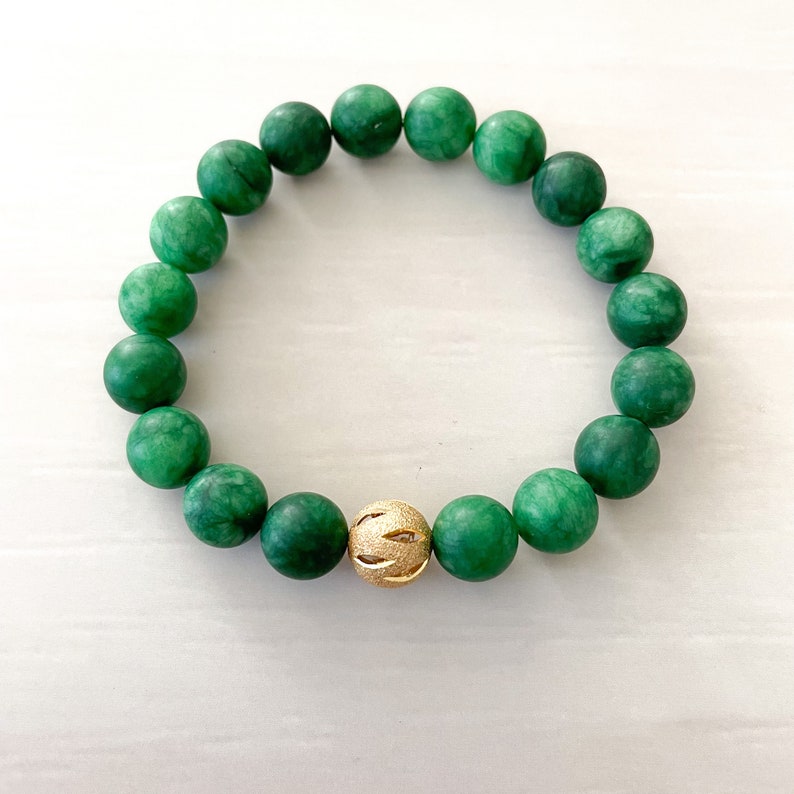 Matte Green Stretch Bracelet, Gold Stardust Bracelet, Green Bead Bracelet, Holiday Bracelet, St Patricks Day image 2
