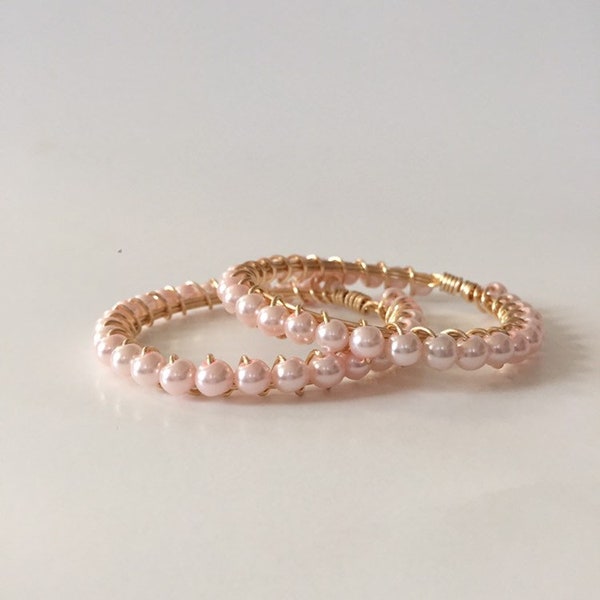 Light Pink Pearl Wire Wrapped Gold Bangle Bracelet, Pearl Bracelet